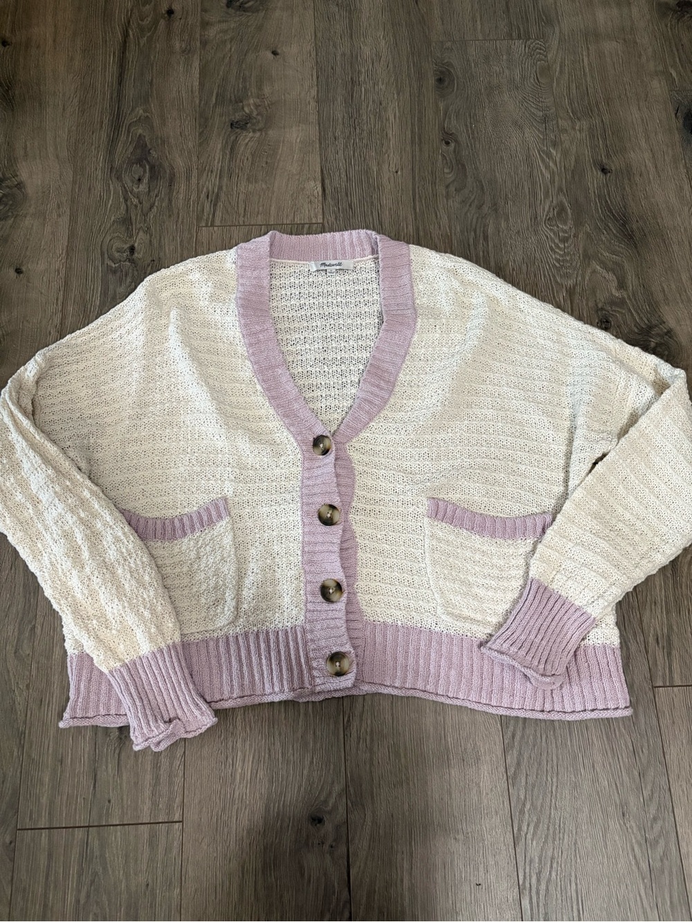 Madewell Cream Cardigan with Lavender Trim